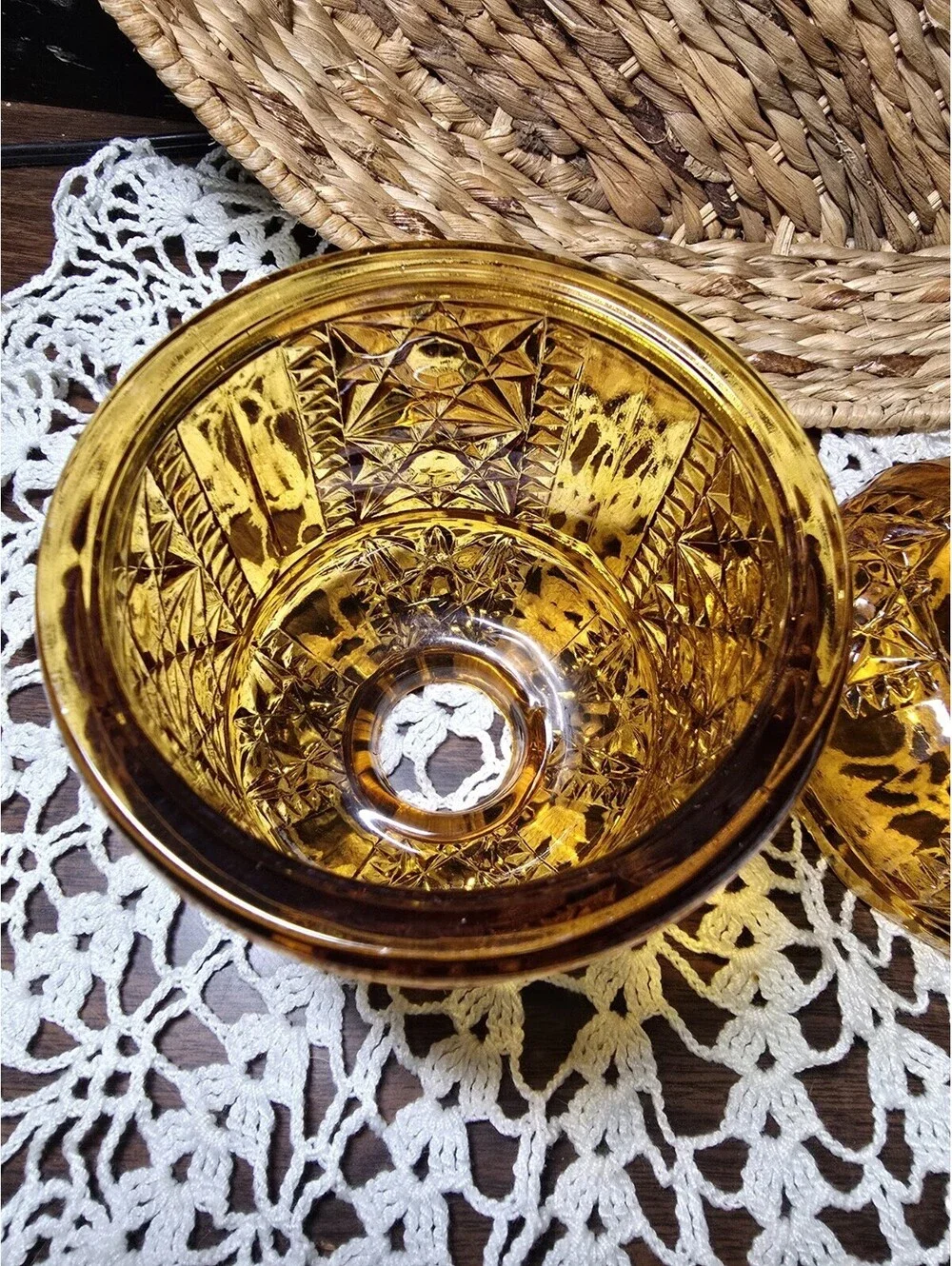 Vintage Indiana Glass 6.5” Amber Stars & Bars Fairy Lamp